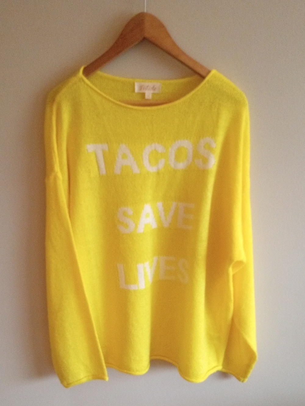 Listicle Bright Yellow Crewneck Sweater TACOS SAVE LIVES Size Large